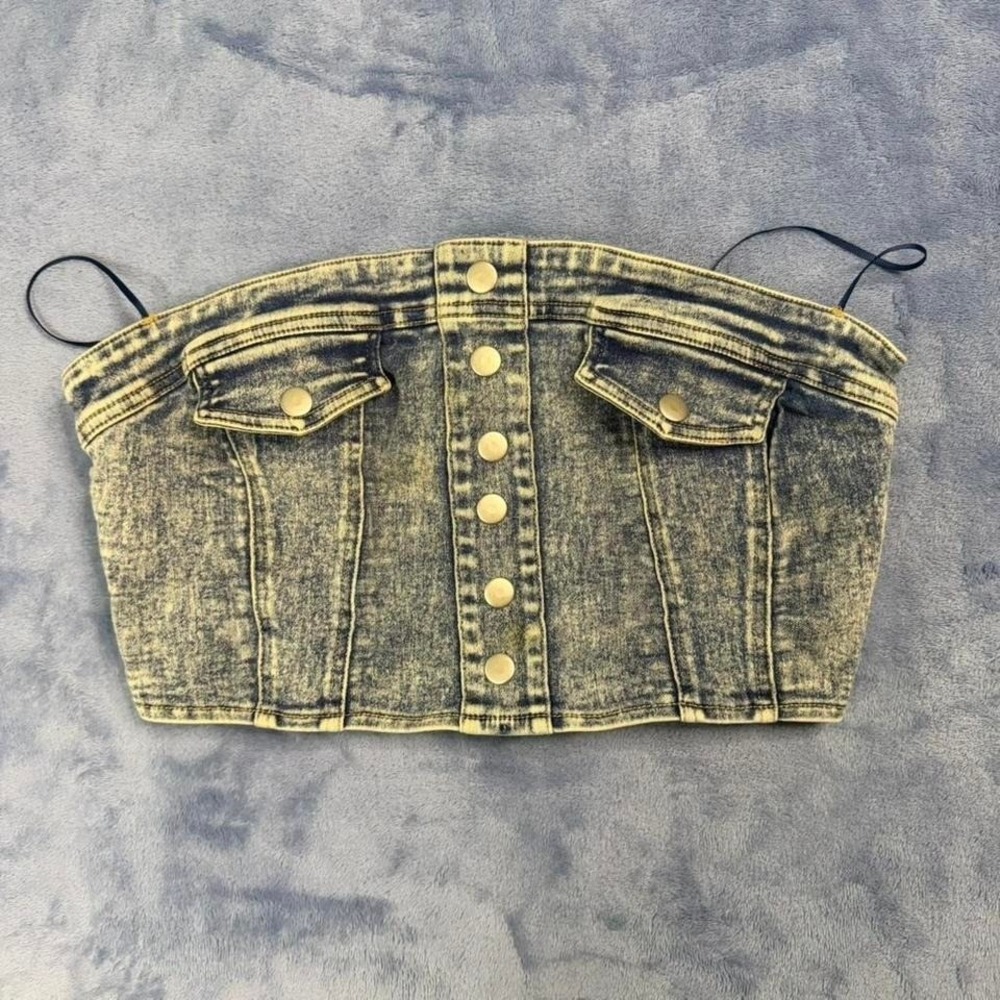 Camellia blue denim tube top with gold buttons‎ and adjustable straps Size L